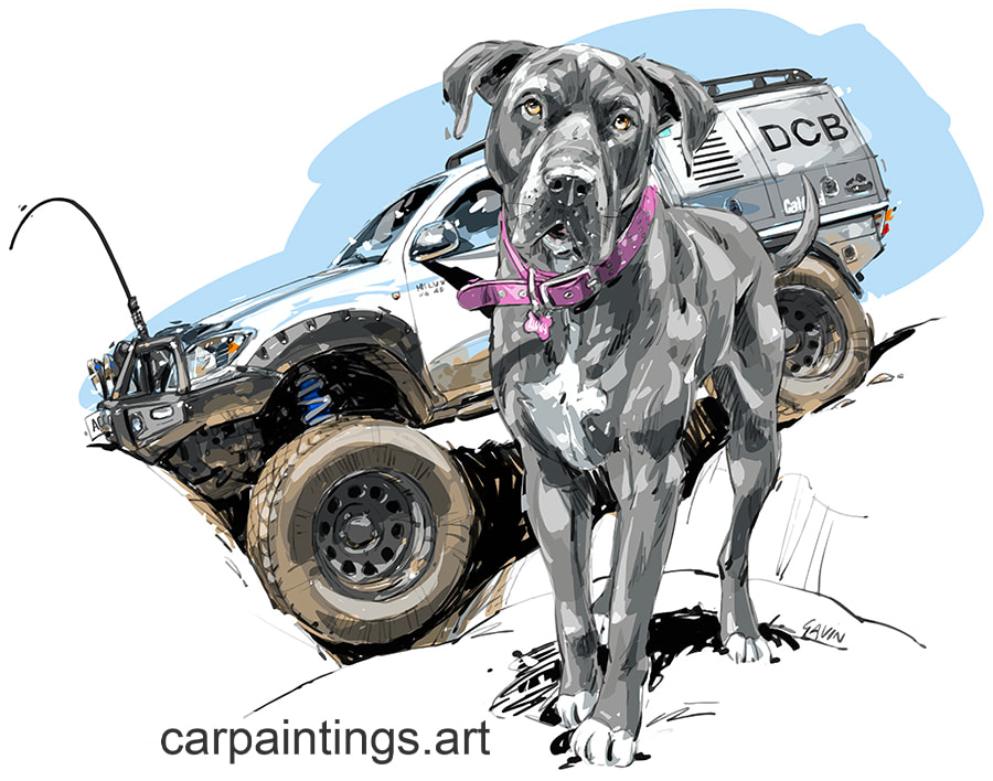 Portrait, Car art, car painting, automotive art, Caricature, cartoon,dog, dog portrait