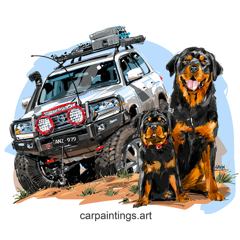 Portrait, Car art, car painting, automotive art, Caricature, cartoon, dogs, dog portraits